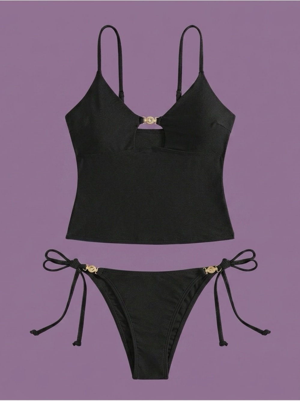 Black Two-Piece Swimwear Set - Cutout Tankini & Tie-Side Bikini